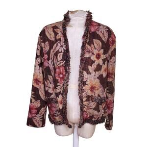Chicos Jacket Womens Size 1Flowers Silk‎ Open Boho Pockets Tapestry